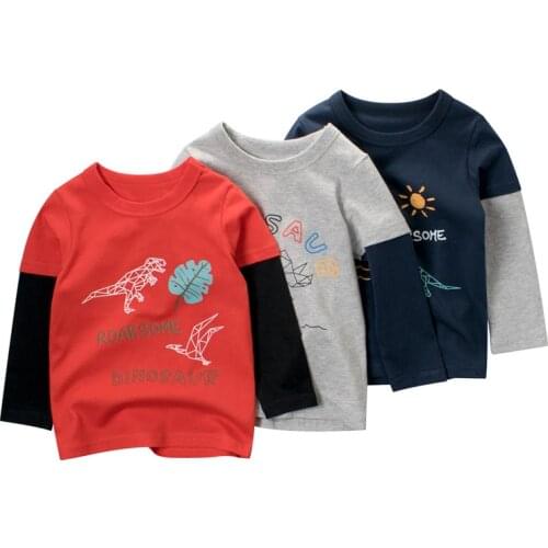 Autumn New Cartoon Dinosaur T-Shirt for Boys Long Sleeve Cotton Swaetshirts Toddler Girl Pathwork Casual Tops Children Clothing