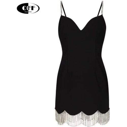 Sexy Sleeveless Spaghetti Strap Mini Dresses Women V-neck Tassel Diamond Bodycon Bandage Dress Club Evening Party Dress Vestidos