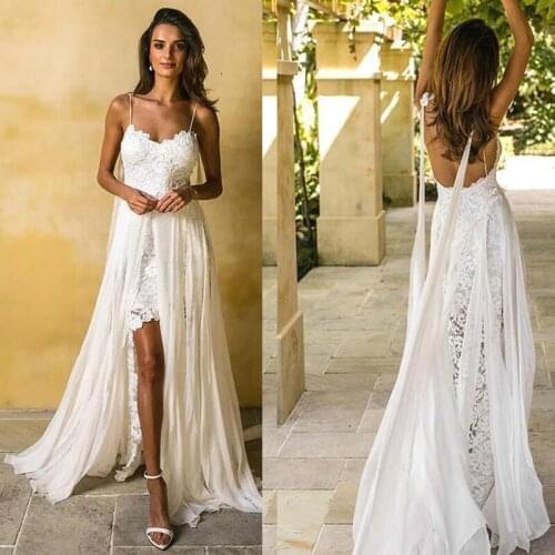 Bohemia Beach Lace Wedding Dresses Sexy Spaghetti A Line Bridal Wedding Gown White Chiffon Backless Wedding Dress Robe de mariee