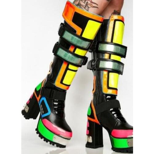 Hot Woman Punk Style Intrigue Patchwork Knee High Boots Female Chunky Heels Side Buckles Platform Motorcycle Long Rock Boots