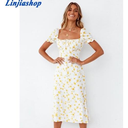 Holiday Yellow Floral Print Summer Vestidos Retro Square Collar Dresses Slim Vintage Midi Women Dress