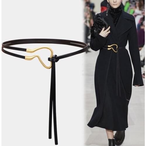 Women Fashion Black Long Cowskin Belt Vintage Buckle Cow Real Leather Knotted Waistbands Decorative Coat Dress Dress Waist Seal