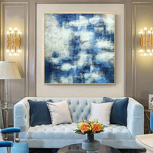 Hand Painted Blue With White Abstract Landscape Oil Painting Canvas Wall Art Fine Modern Unframed Art For Living Room Home Decor