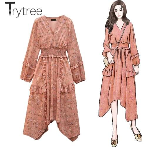 Trytree Spring Women Dress Casual V-neck Ruffles A-line Long Sleeve Irregularity Fashion Fashion Mid-Calf elegant Print Dress