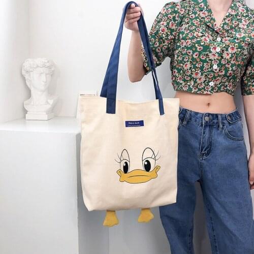 Womnes Cute Cartoon Canvas Tote Bag Duck Large Capacity Shoulder Bag Female Soft Foldable Portable Crossbody Tote Bag 2021 New