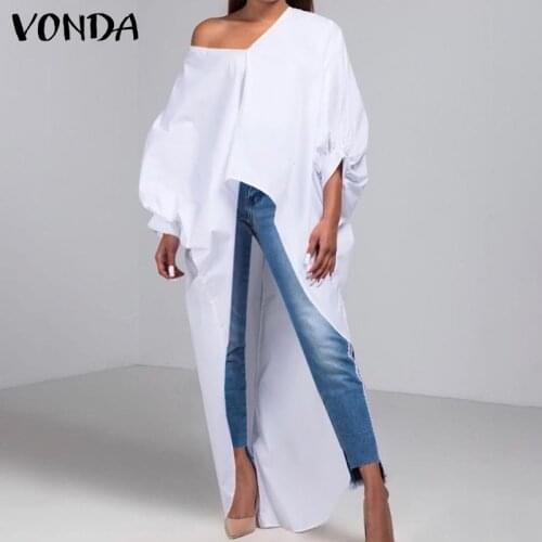 Women White Shirts 2021 VONDA Sexy V Neck Long Party Tops Street Style Asymmetric Blouse Elegant Long Sleeve Tops Plus Size 5XL