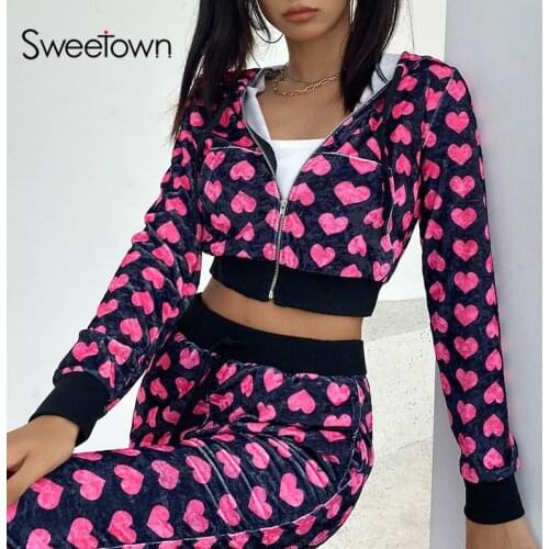 Sweetown Pink Heart Print Y2K Pants Suits Korean Zip Up Crop Jackets + High Waist Joggers Tracksuits Women Velvet Two Piece Sets