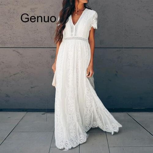 2020 Summer Women Maxi Tunic Dress Short Sleeve White Lace Long Beach Dress Vocation Holiday Clothes