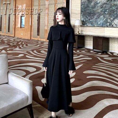2019 Autumn Winter Shawl Style Flare Sleeve Women Dress Retro Classic Black Female Dresses