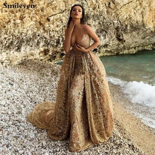 Smileven Gold Sequin Lace Mermaid Evening Dresses Spaghetti Straps Elegant Prom Party Gowns With Detachable Train Robe De Soire