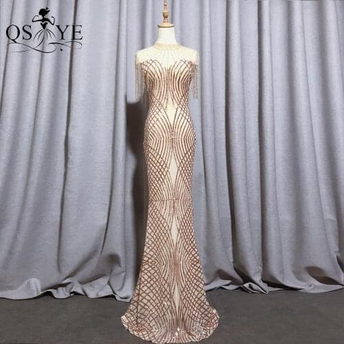 Gold Evening Dresses Long Mermaid Prom Gown High Neck Beading Straps Party Dress Glitter Sequin Pattern Formal Dress Bead Shawls