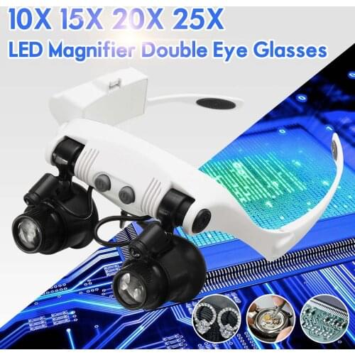 10X 15X 20X 25X LED Magnifier Double Eye Glasses Loupe Lens Jeweler Watch Repair Measurement with 8 Lens LED lamp