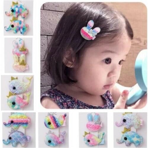 2Pcs Baby Elephant Hair Clip Children Shiny Fish Scale Cloth Barrettes girls Hair Accessories Gradient Rainbow Girls Hairpins
