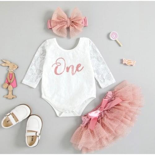 3Pcs Infant Baby Girls Clothes Newborn Lace Long Sleeve Letter Romper Tops Girls Mini Tulle Skirt Headband Outfits Sets