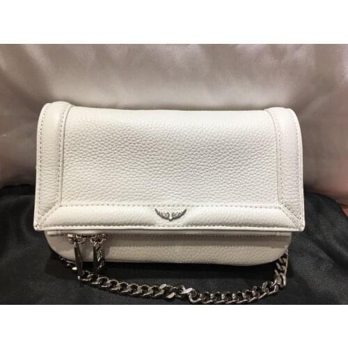 White Cow Leather Folder Bag Silver Metal Chains Small Bags Wings Decorate Messenger Bag 2021