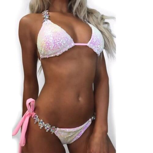 Bikini 2019 Women Sequin Rhinestone Crystal Diamond Push-up Bikini Set women swimsuit Swimwear Pink