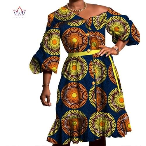 Riche African Ruffles Sleeve Dresses for Women Dashiki Print Belt Buttons Dresses Vestidos African Women Party Clothing WY9112
