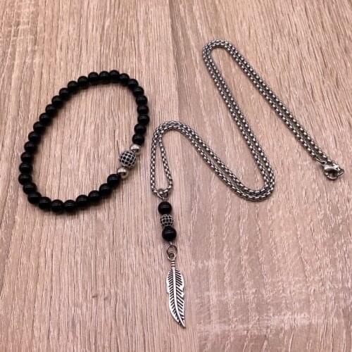 Trendy Round Ball Bracelet Feather Pendant Necklace for men 2 Psc/set Bead Bracelet Box Chain Necklace men Jewelry Gift