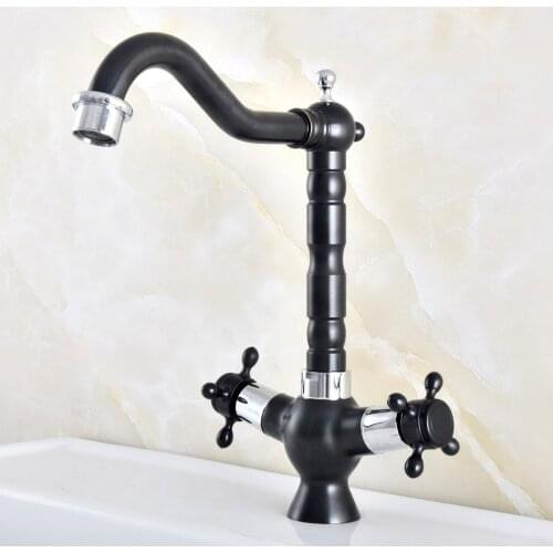 Black & Chrome Brass Double Handle Kitchen Faucet Bathroom Hot and Cold Water Tap 360 Degree Rotating Nnf492
