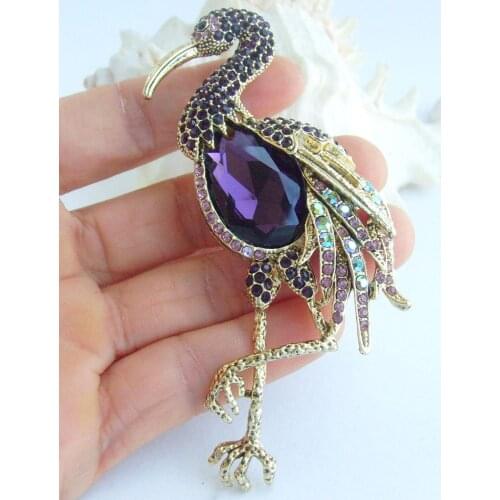 3.94" Purple Rhinestone Crystal Flamingo Brooch Pin Pendant SMT06620C3