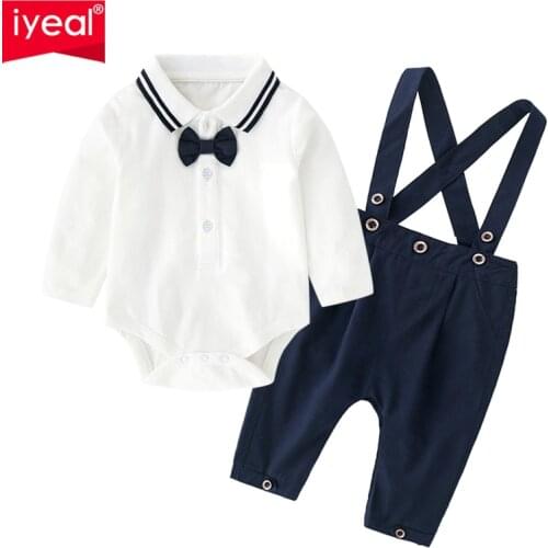 IYEAL Kids Toddler Boys Gentleman Clothing Set Formal White Long Sleeve Shirts Rompers with Bow Suspender Pants Outfits for 1-3Y