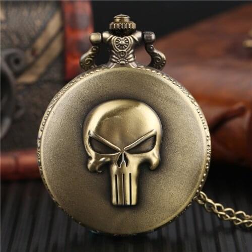 Punk Monster Pocket Watch Solid Skull Copper Sculpture Pendant Necklace Special Halloween Clock Unique Gifts for Boys Girls Teen