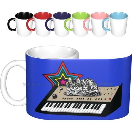 Synth Cat Ceramic Mugs Coffee Cups Milk Tea Mug Synth Cat Star Keys Synthesizer Knobs Switches Pop Creative Trending Vintage