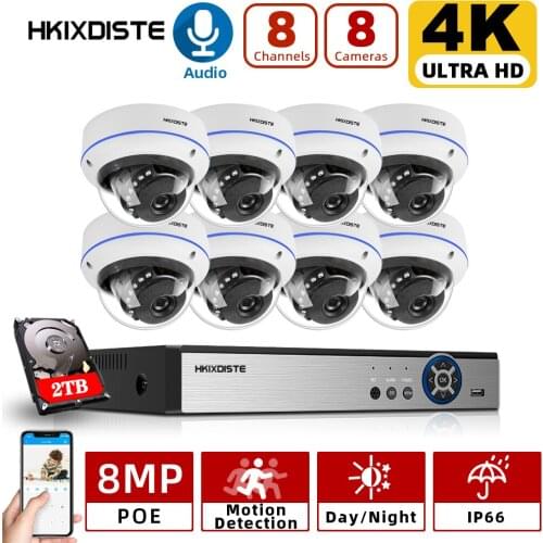 8CH 4K POE NVR Kit Outdoor Waterproof CCTV POE Dome Camera Set 8MP Audio IP Video Surveillance Camera System Kit XMEYE H.265 5MP