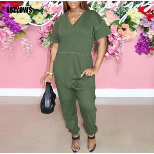 Summer Women V-Neck Loose Jumpsuits Solid Short Sleeve Rompers Casual Long Jumpsuit Streetwear Overalls Elegant Ladies Playsuits