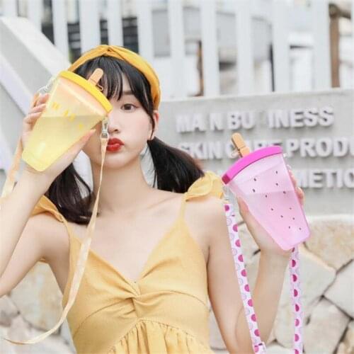 Popsicle Summer Plastic Straw Water Bottle Cute Ice Cream Water Bottle Portable Kids Water Bottles for Girls with Strap Straw