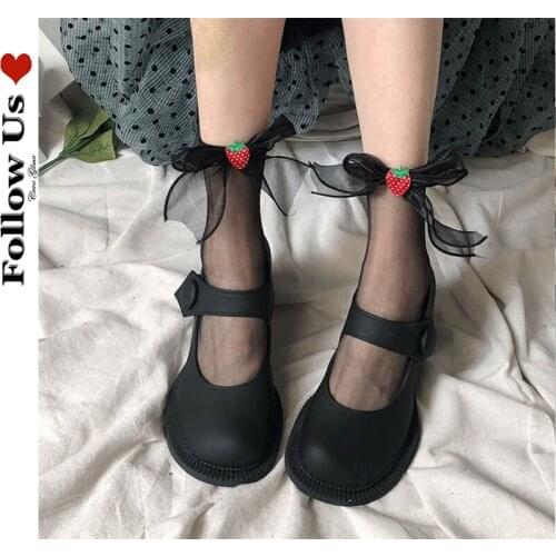 Lolita Kawaii Cute Strawberry Calf Socks Women French Retro Harajuku Black Glass Silk Bow Satin Socks for Women Sexy Lingerie