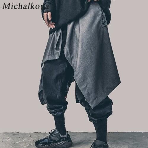 Michalkova Irregular Hip Hop Men Waistband Skirt Harajuku Adjustable Streetwear Black Pleated Apron Gothic Jogger hemlines