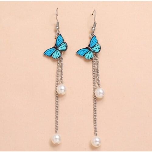 Fashion and sweet Long earrings Personality hook earrings for women Lovely butterfly pearl earrings Creative tassel jewelry