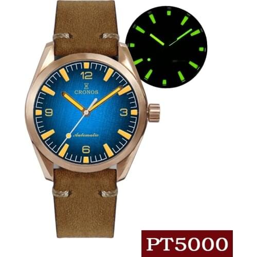 Cronos PT5000 SW200 Mens Diving Watch Bronze CuSn8 Automatic Sapphire Crystal Leather Rubber Strap 150M Waterproof Luminous