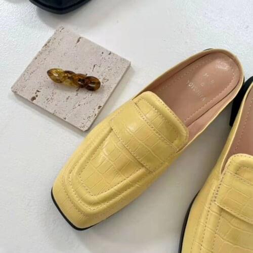 2021 Spring and Summer Square Toe Mules Shoes Retro British Stone Pattern Leather Shoes Slip-on