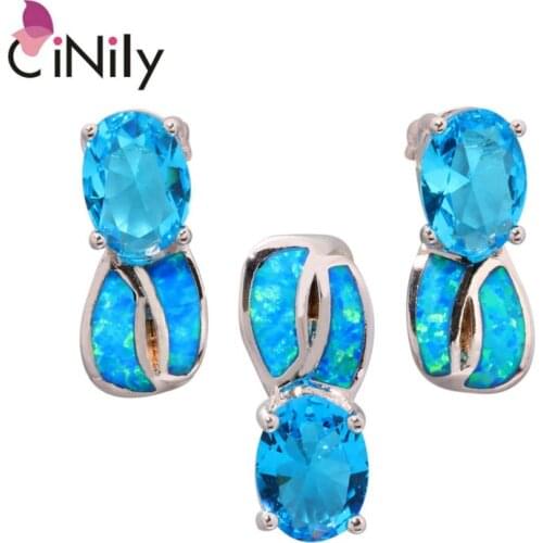 CiNily Created Blue White Opal Blue Zircon Silver Plated Jewelry Set Wholesale for Women Jewelry Pendant Earrings OT102-OT103