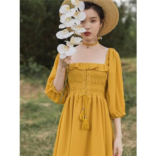 2021 new fashion womens clothing Square Collar Vintage dresses for women