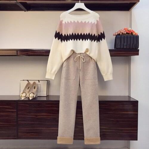 Winter New Wavy striped jacquard Loose Sweater and Lamb wool Patchwork Woolen Pants 2 Piece Set Women Fall Spring 2020