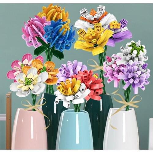 New City Houses Decoration Bouquet Rose Tulip Flowers Series Model Building Blocks Diy Kits Kids Educational Toys For Girls Gift