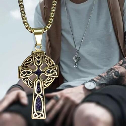 Viking Celtic Cross Pendant Necklace Vintage Stainless Steel Valknut Necklace for Men Nordic Viking Chain Jewelry Accessories