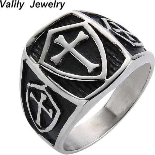 Valily Silver Cross Ring Stainless Steel Vintage Shield Crusader Cross Biker Ring Templar Brand For Man Fashion Rings Jewellery