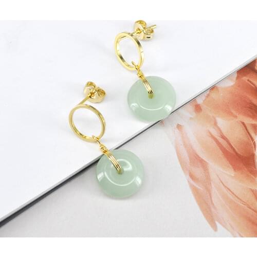925 Sterling Silver Ear Needle Jade Circle Pendant Stud Earrings for Women Minimalist Metal Earrings Fashion Jewelry Mother Gift
