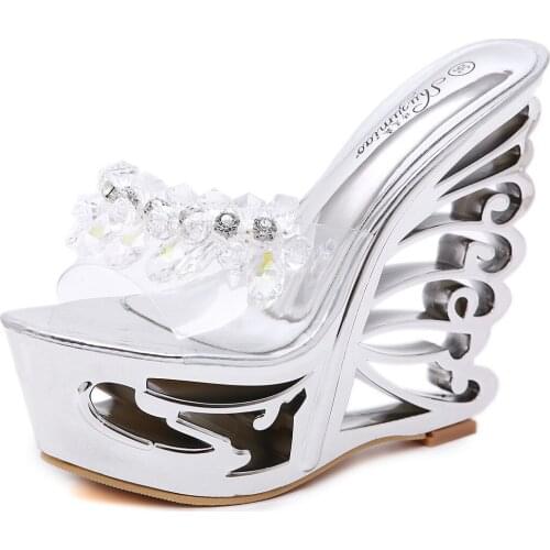 Hollow Platform Wedge Pumps Summer Fashion Special-shaped Heel 14.5cm Ultra High Heel Sandal Women Crystal Diamond Party Shoes