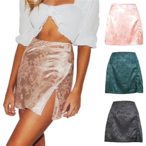 2021 Girls Women Sexy Satin Floral Printed High Waist Split Hem Mini Skirt Pencil Skirts