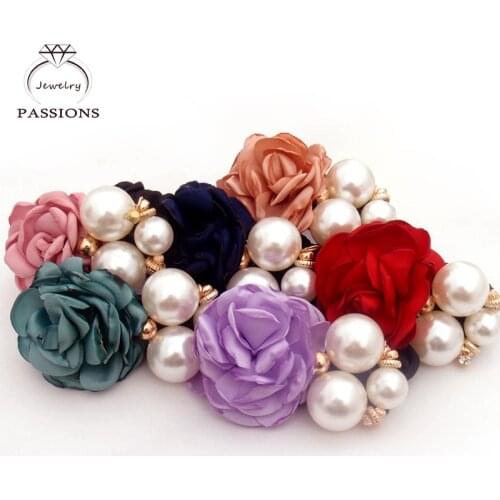 Wholesale Fashion Pearl Flower Hair Bands Satin Big Rose Three Pearls Decor Elastic Hairbands Ponytail Headband For Women&Girls