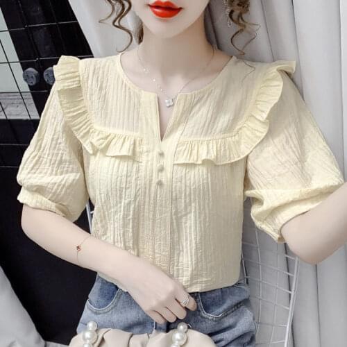 2021 Korean Fashion V-neck Blouse Women Casual Solid Color Short Sleeve Shirt Tops Female Sweet Ruffles Splicing Blouses Q412