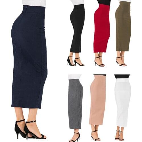 7 Colors High Waist Ladies Skirt Pencil Skirt Bodycon Slim Stretch Long Maxi Dress Muslim Sheath Islamic Bottoms Knit Skirts New