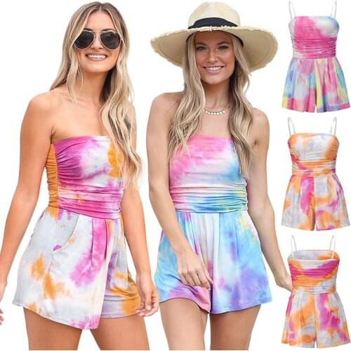 Summer Womens Jumpsuits&Rompers Jumpsuit Tie Dye Strap Short Pants Sleeveless Fashion Casual Original Design Casual Style C2570