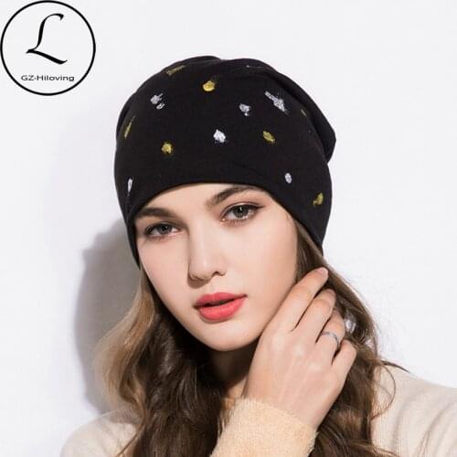 GZHILOVINGL New Spring Casual Plain Color Cotton Hats Women Silver Metallic Painting Slouchy Beanie Hat For Women Skull Beanies