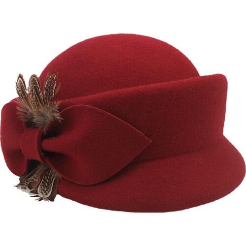 Girls Wool Fedoras Hat Ladies Fall Winter Fashion Elegant Feather Bow Cap Students Leisure Wool Beret Woolen Warm Hat B-8687